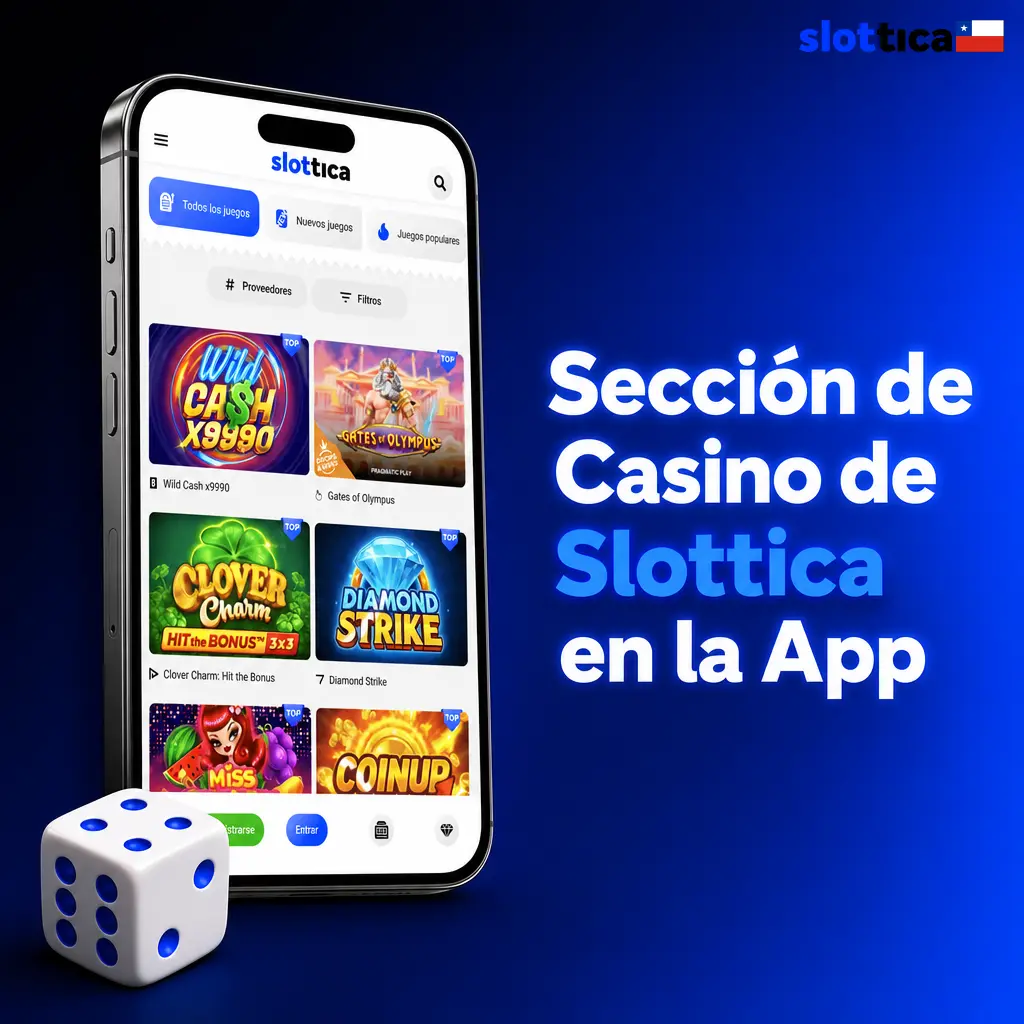 Sección de casino en la app de Slottica con más de 3.000 juegos organizados por categorías accesibles táctilmente